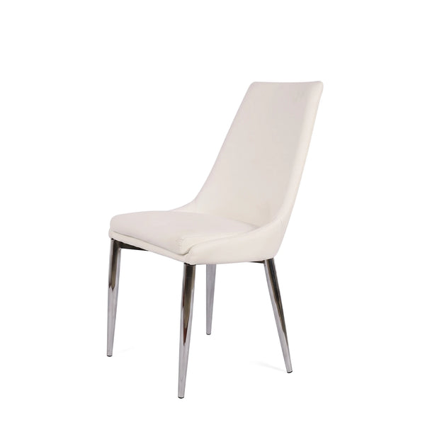 Modern white Chester dining chair with a high back and slender chrome legs, shown at an angle. Perfect for contemporary